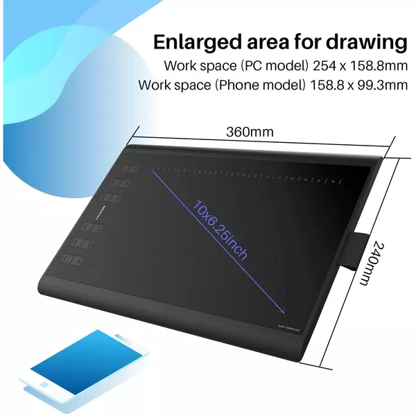 Poza Tableta grafica HUION Inspiroy H1060P, Functie de inclinare ± 60 °, Stilou fara baterie, Presiune 8192 5080LPI, 12 taste personalizabile (Negru) - imagine mare 7