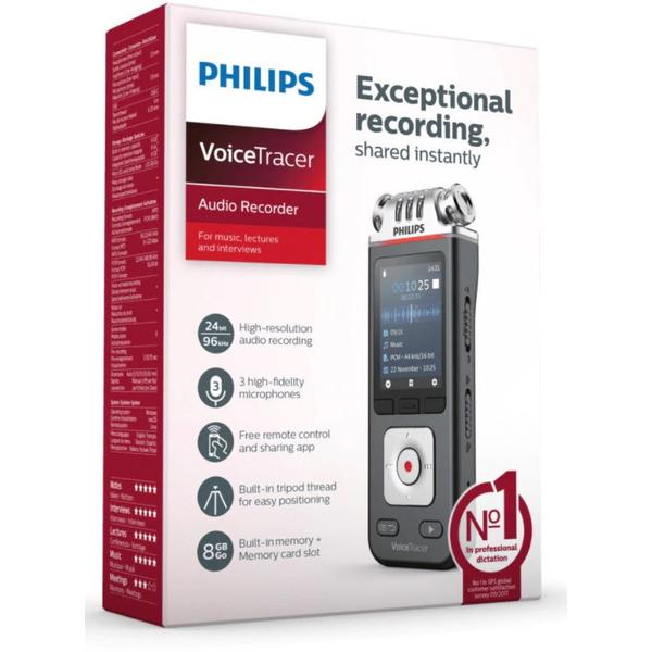 Poza Reportofon Philips DVT6110, 3 microfoane, 8 GB, slot MicroSD 32GB, LCD 2'', 1000 mAh, aplicatie smartphone, WI-FI (Negru/Gri)