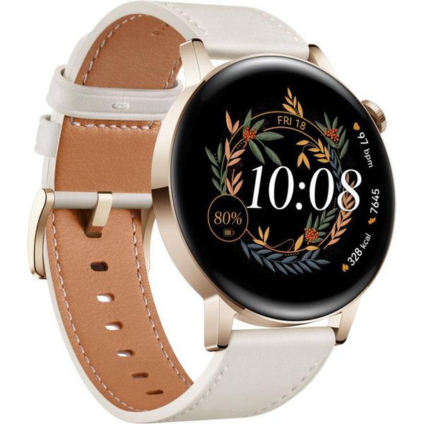 Poza Smartwatch Huawei Watch GT 3 Elegant, Display AMOLED 1.32", 32MB RAM, 4GB Flash, Bluetooth, GPS, Carcasa Otel, Bratara piele, Rezistent la apa, Android/iOS (Alb)